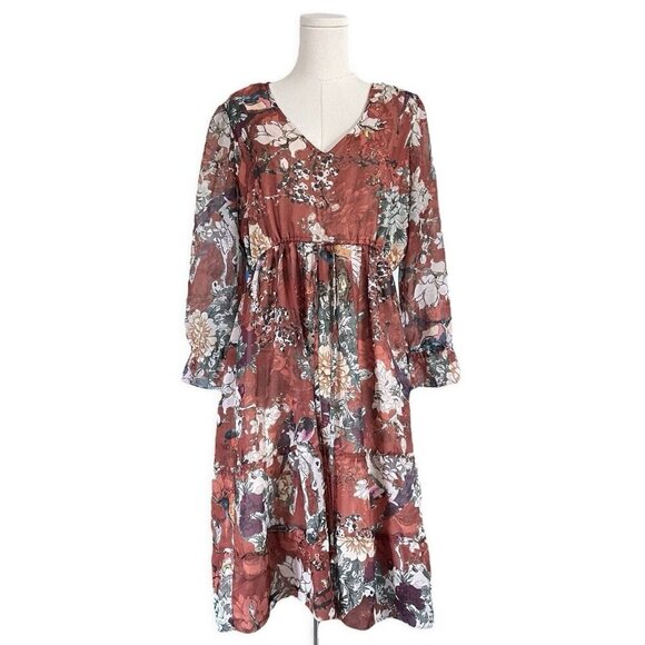 Hemant & Nandita Anthropologie Floral Sheer Midi Dress Size 10 Multicolor Boho - Picture 1 of 14